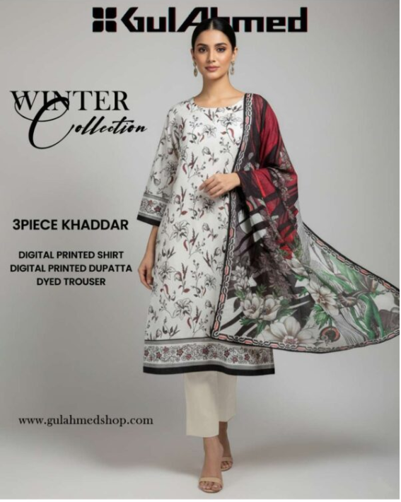 Gul ahmed 3 Piece Unstitched Printed Khaddar Suit.