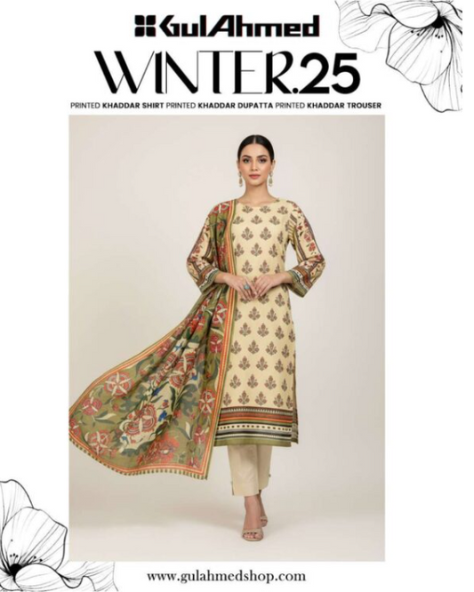 Gul ahmed 3 Piece Unstitched Printed Khaddar Suit.