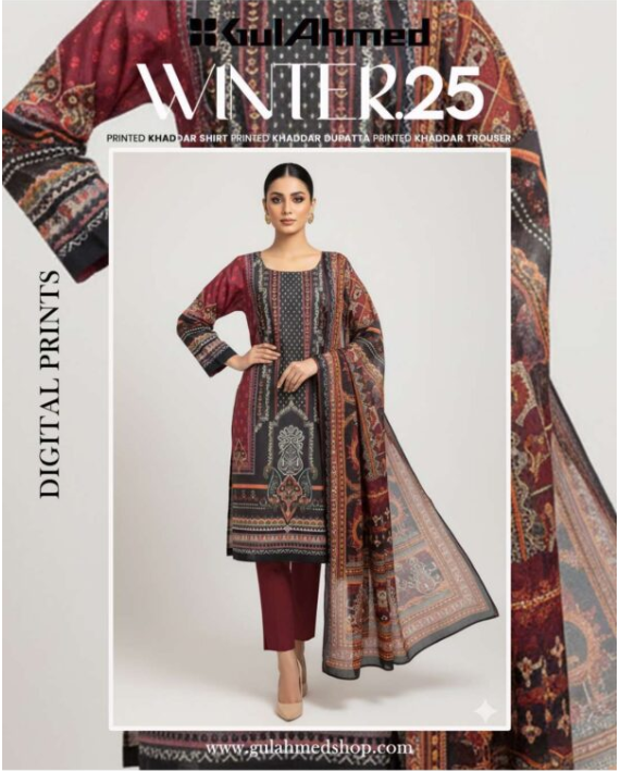 Gul ahmed 3 Piece Unstitched Printed Khaddar Suit.