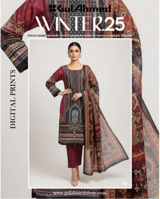 Gul ahmed 3 Piece Unstitched Printed Khaddar Suit.